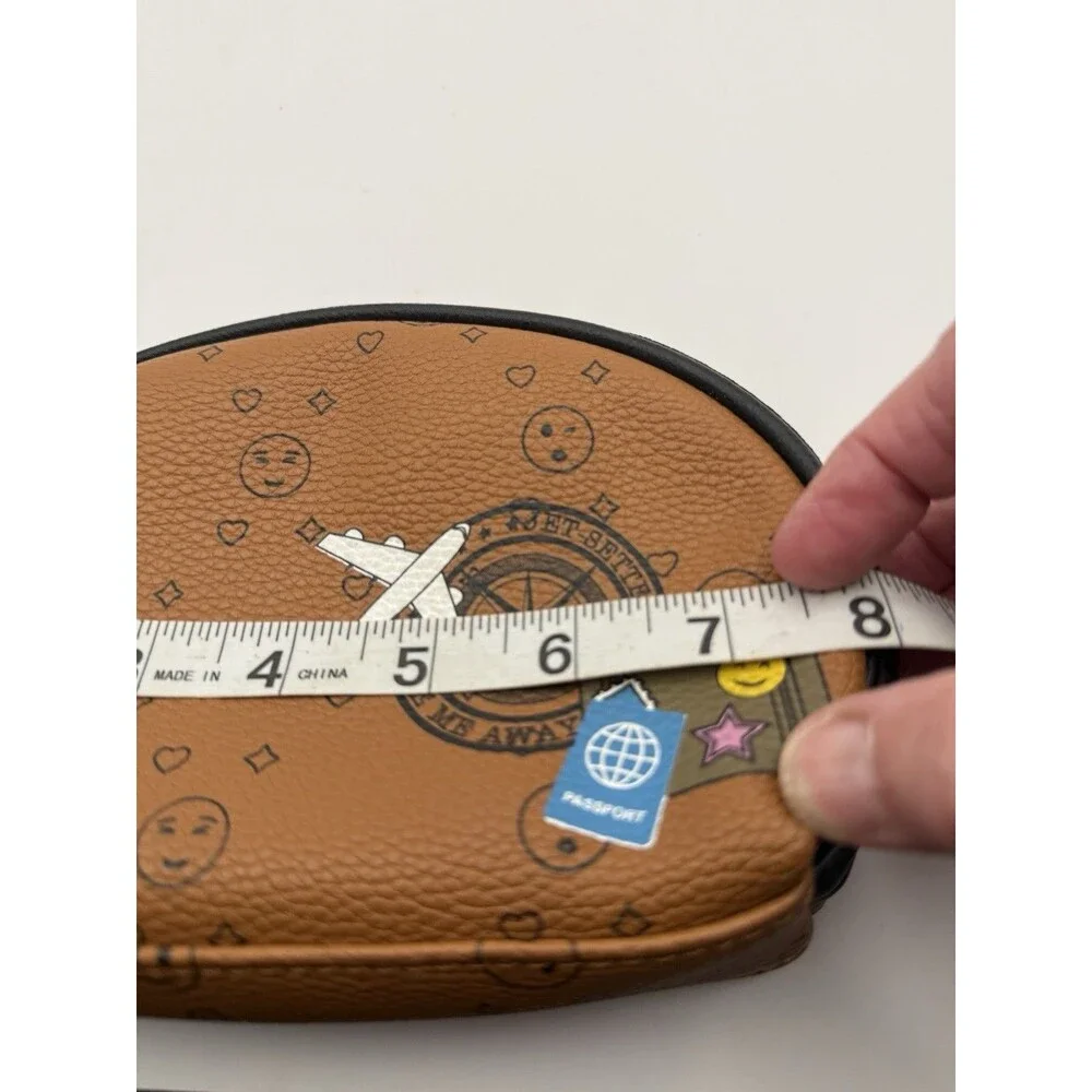 Travel Makeup Bag Brown Faux Leather Emoji Airplane Passport Pouch